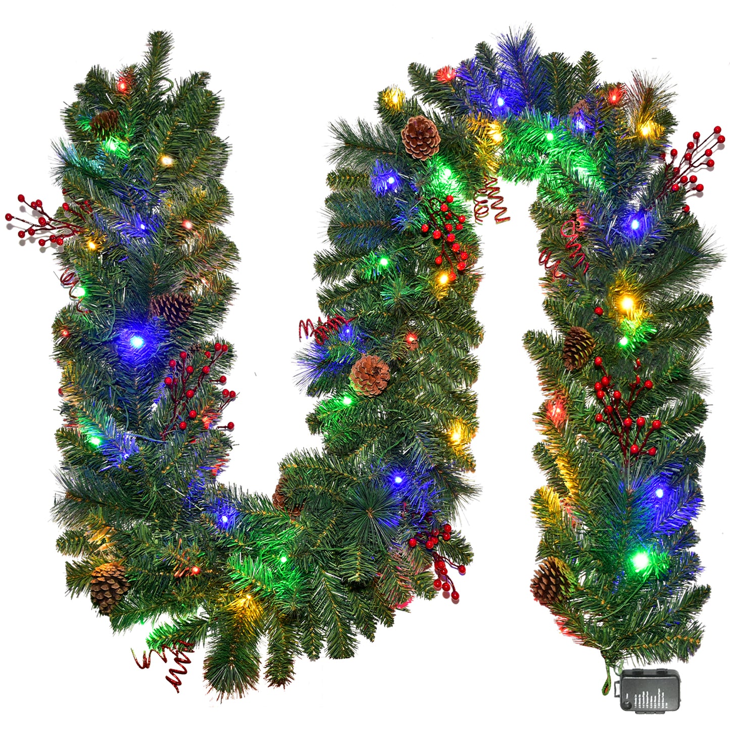 Christmas Garland with Lights 9FT, Lighted Christmas Garland Battery Powered 8 Lighting Modes, 50 LED Lights Christmas Garland, Red Berry, Christmas Pine Cone, for Stairs, Front Door, Christmas Decor