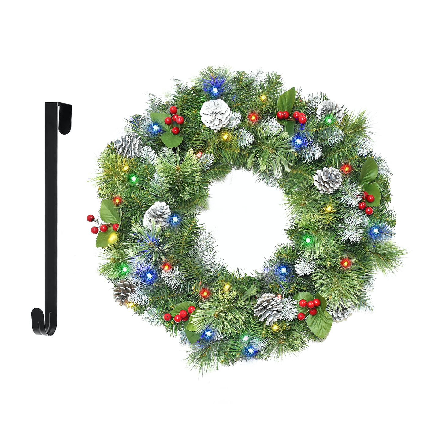 Christmas Wreaths for Front Door 24In - Light Up Artificial Christmas Wreath with 40 LEDs 8 Models Light, Timer, Hanger, Battery Operated Christmas Wreath for Mantel Wall Windows Xmas Decoration