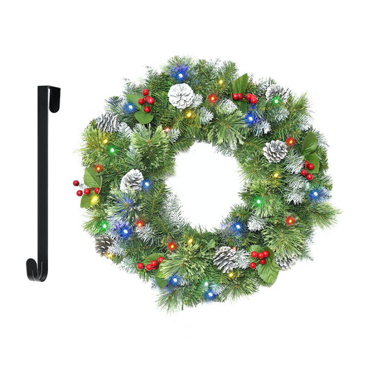 Christmas Wreaths for Front Door 24In - Light Up Artificial Christmas Wreath with 40 LEDs 8 Models Light, Timer, Hanger, Battery Operated Christmas Wreath for Mantel Wall Windows Xmas Decoration