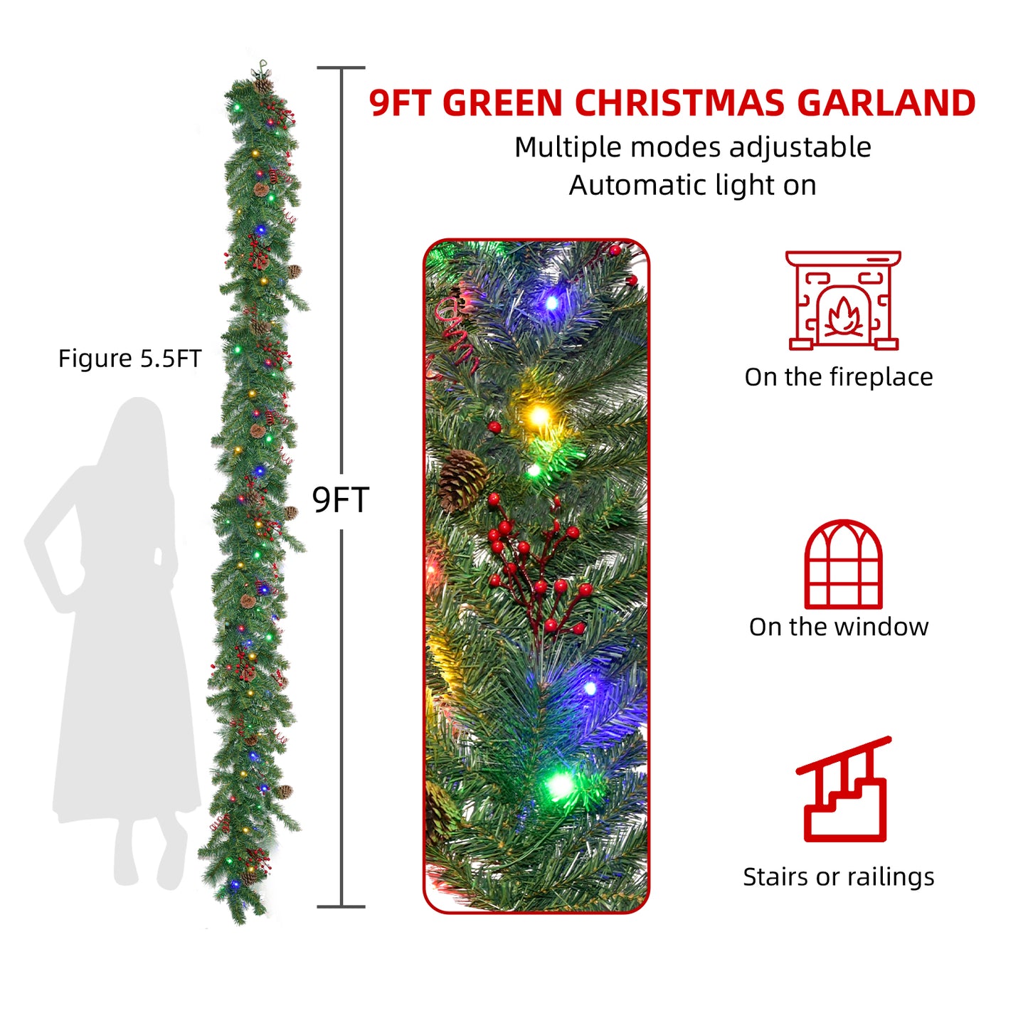 Christmas Garland with Lights 9FT, Lighted Christmas Garland Battery Powered 8 Lighting Modes, 50 LED Lights Christmas Garland, Red Berry, Christmas Pine Cone, for Stairs, Front Door, Christmas Decor