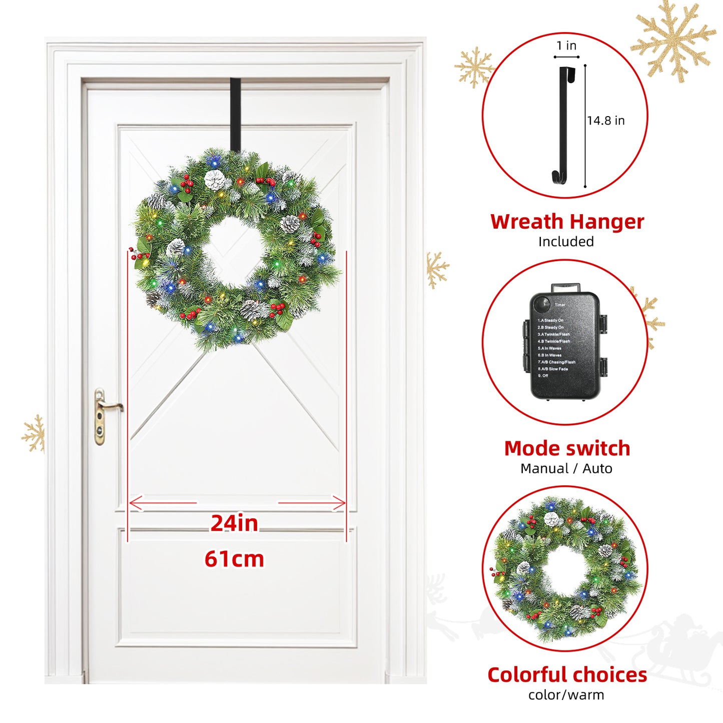 Christmas Wreaths for Front Door 24In - Light Up Artificial Christmas Wreath with 40 LEDs 8 Models Light, Timer, Hanger, Battery Operated Christmas Wreath for Mantel Wall Windows Xmas Decoration