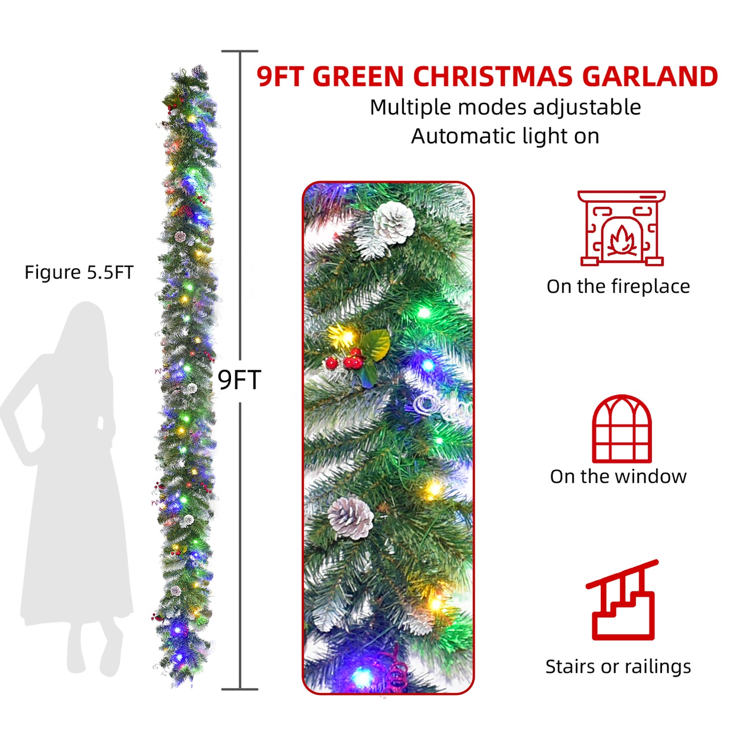 9ft Christmas Garland with Lights - Lighted Christmas Garland with 50 LED Battery-Powered, 8 Lighting Modes - Red Berry & Pine Cone Decor - Ideal for Stairs, Front Door, and Christmas Decor