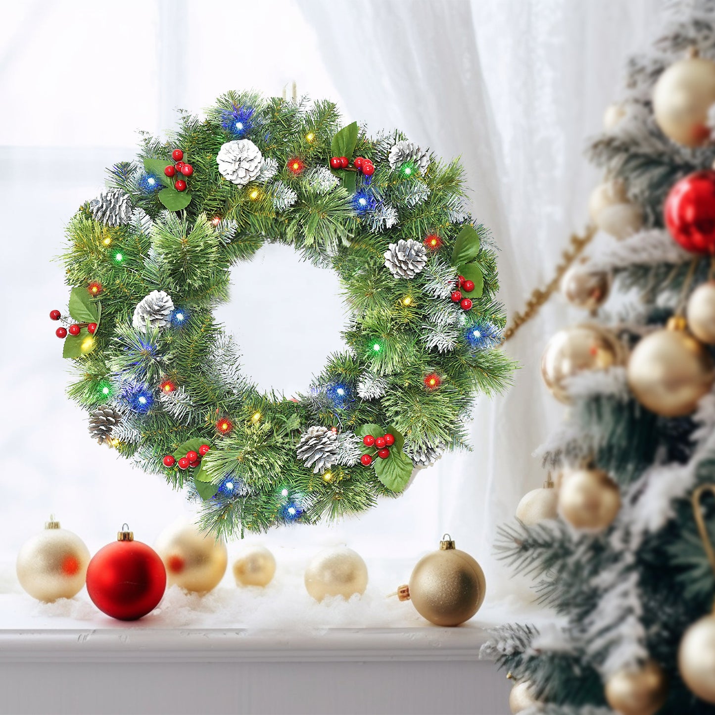 Christmas Wreaths for Front Door 24In - Light Up Artificial Christmas Wreath with 40 LEDs 8 Models Light, Timer, Hanger, Battery Operated Christmas Wreath for Mantel Wall Windows Xmas Decoration