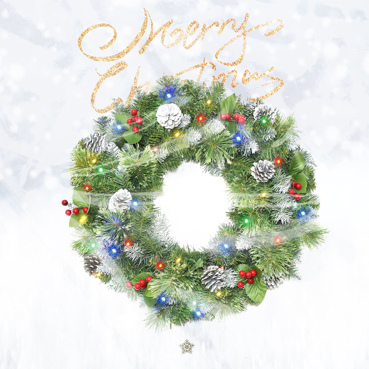 Christmas Wreaths for Front Door 24In - Light Up Artificial Christmas Wreath with 40 LEDs 8 Models Light, Timer, Hanger, Battery Operated Christmas Wreath for Mantel Wall Windows Xmas Decoration