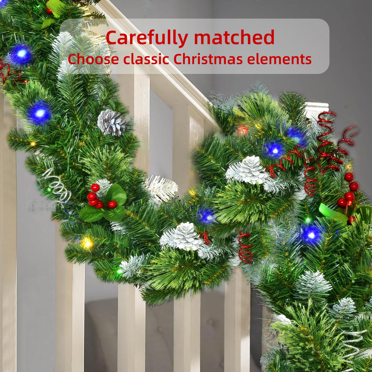 9ft Christmas Garland with Lights - Lighted Christmas Garland with 50 LED Battery-Powered, 8 Lighting Modes - Red Berry & Pine Cone Decor - Ideal for Stairs, Front Door, and Christmas Decor