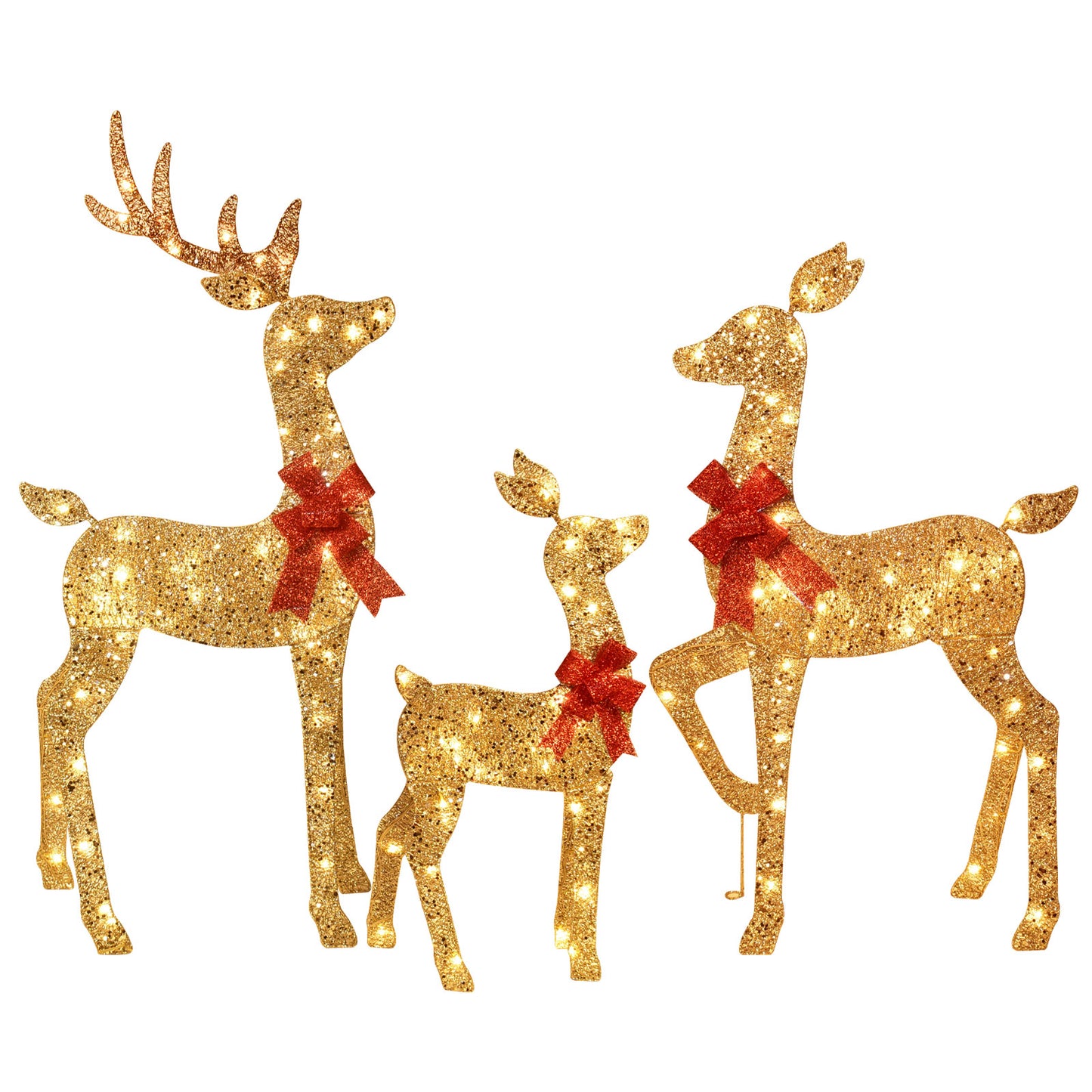 3-Piece 2D Lighted Christmas Deer Family Set - HOYECHI Large Outdoor Yard Reindeer Holiday Decoration with 145 LED Lights, Stakes, Zip Ties - Gold