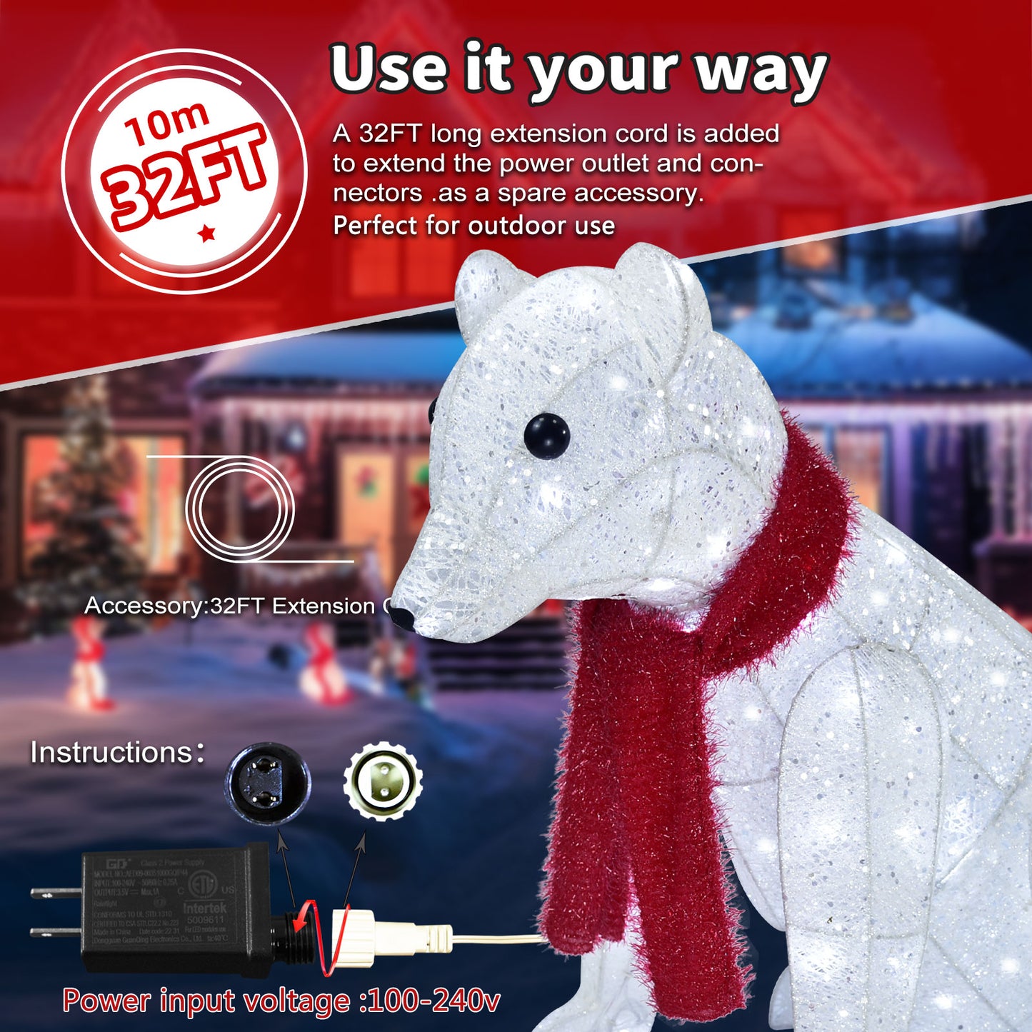 Lighted Polar Bear Family 2PCS - Large All-Weather Pre-Lit Outdoor Christmas Décor for Front Yard and Lawn with 140 Pre-Strung LED Lights, Zip Ties, Extension Cord, and Ground Stakes - Red/White