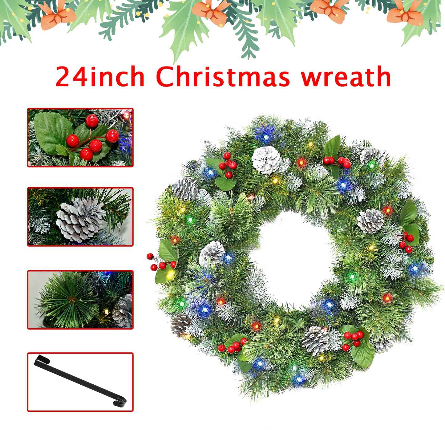 Christmas Wreaths for Front Door 24In - Light Up Artificial Christmas Wreath with 40 LEDs 8 Models Light, Timer, Hanger, Battery Operated Christmas Wreath for Mantel Wall Windows Xmas Decoration