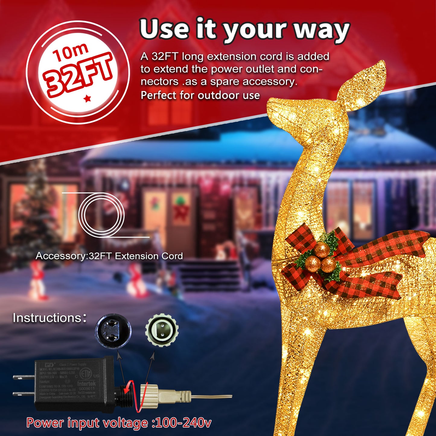 3-Piece Large Deer Family - HOYECHI Lighted Christmas 3D Reindeer Outdoor Yard Decoration Set w/ 210 LED Lights, Stakes, Zip Ties - Gold