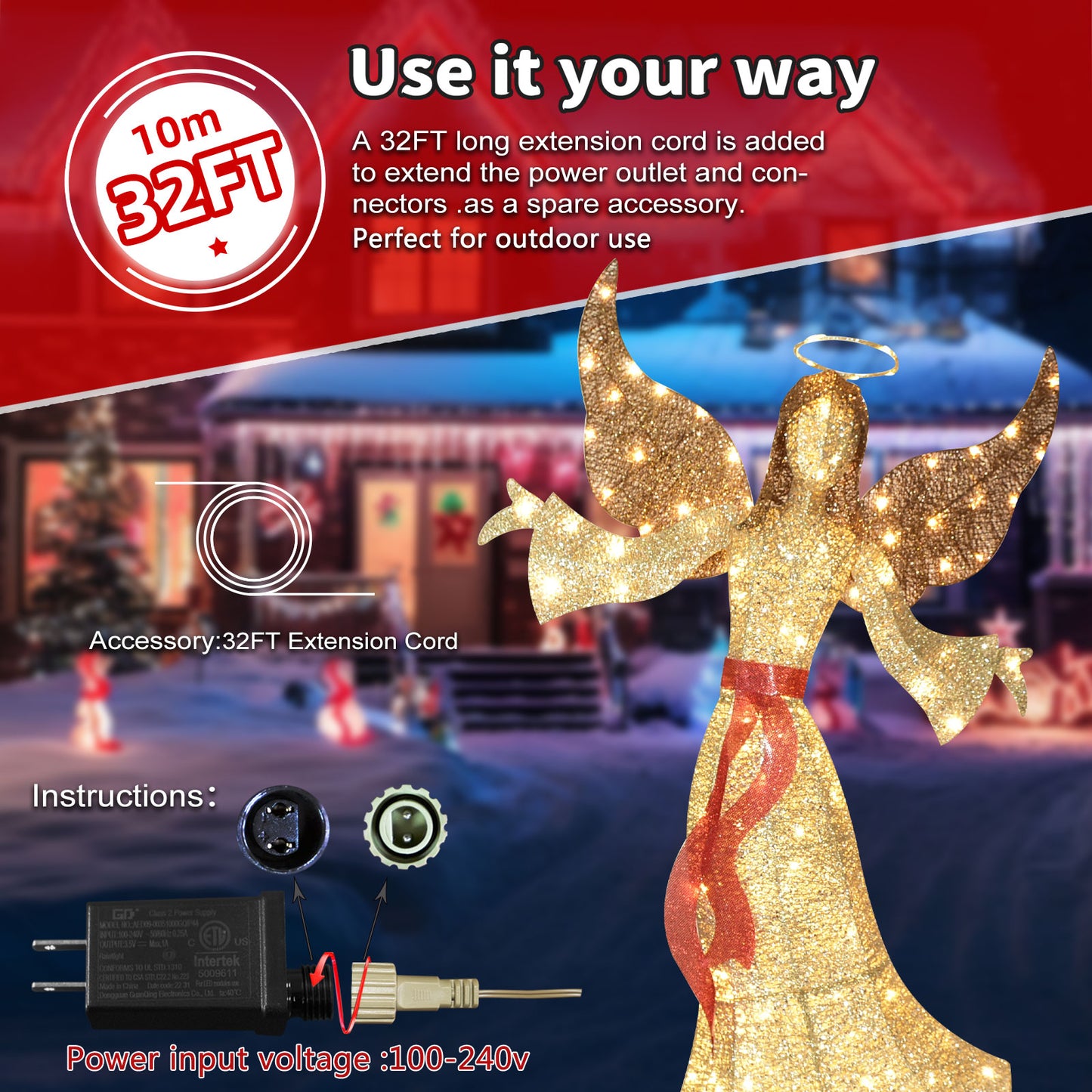 5FT Outdoor Angel Christmas Decoration - Light Up Outdoor Christmas Decorations Angels with 120 LED Lights - Elegant Winged Holiday Figure for Lawn with Bow, Halo, Extension Cord and Ground Stakes