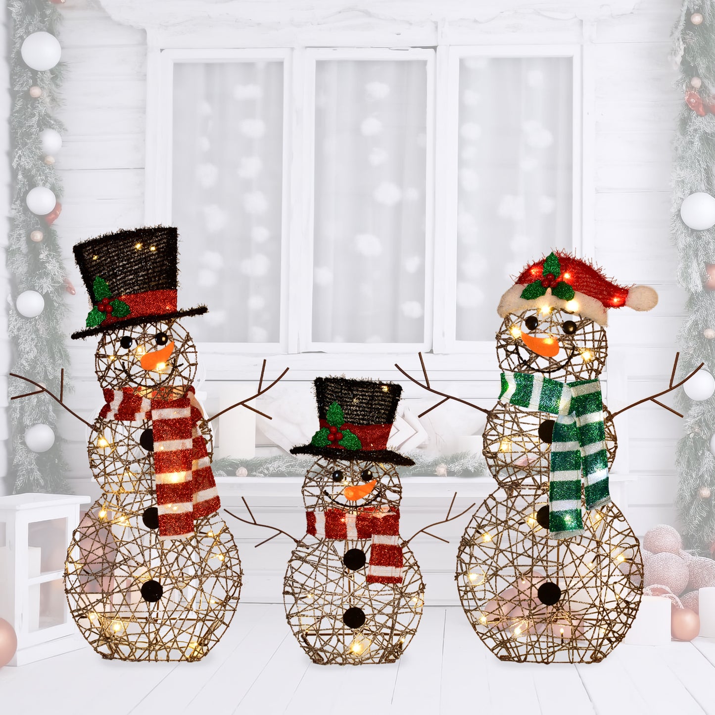 3-Piece 2D Lighted Christmas Rattan Snowman Family Set - HOYECHI Outdoor Yard Light Up Snowman Holiday Decoration with 80 LED Lights, Stakes, Zip Ties - Brown