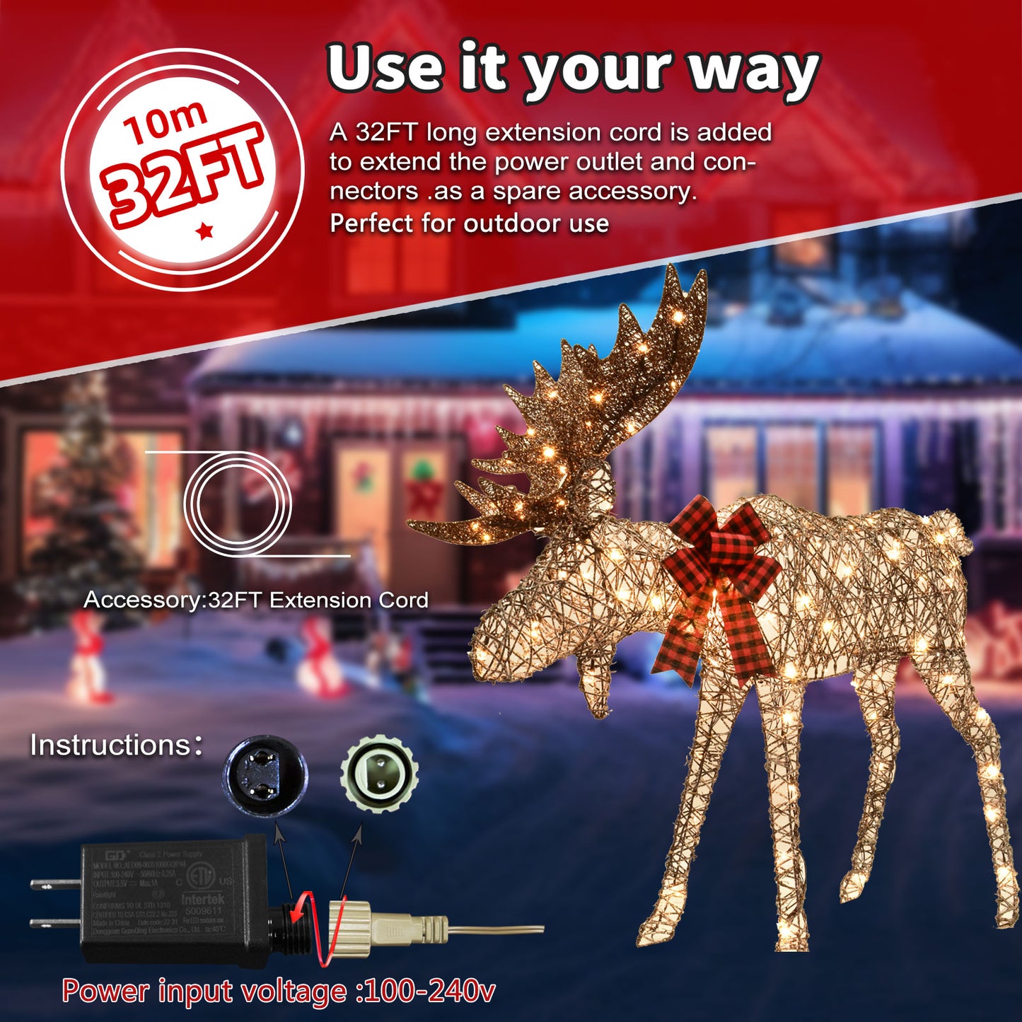 Lighted Christmas Decoration Moose Family - Light up Moose 2 Set with 135 Lights - Outdoor Yard Decoration Kit Including 2-Piece Deer, Stakes, and Extension Cord - Brown - Woven Rattan