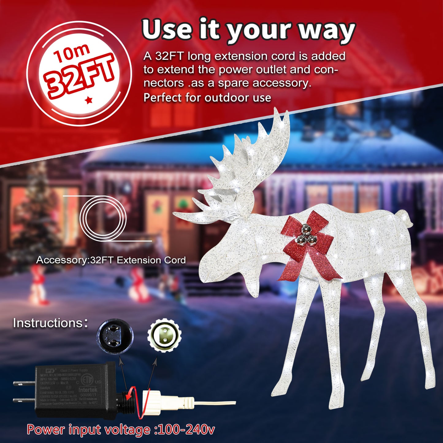 Lighted Christmas Decoration Moose Family - Light up Moose 2 Set with 135 Lights - Outdoor Yard Decoration Kit Including 2-Piece Deer, Stakes, and Extension Cord -White