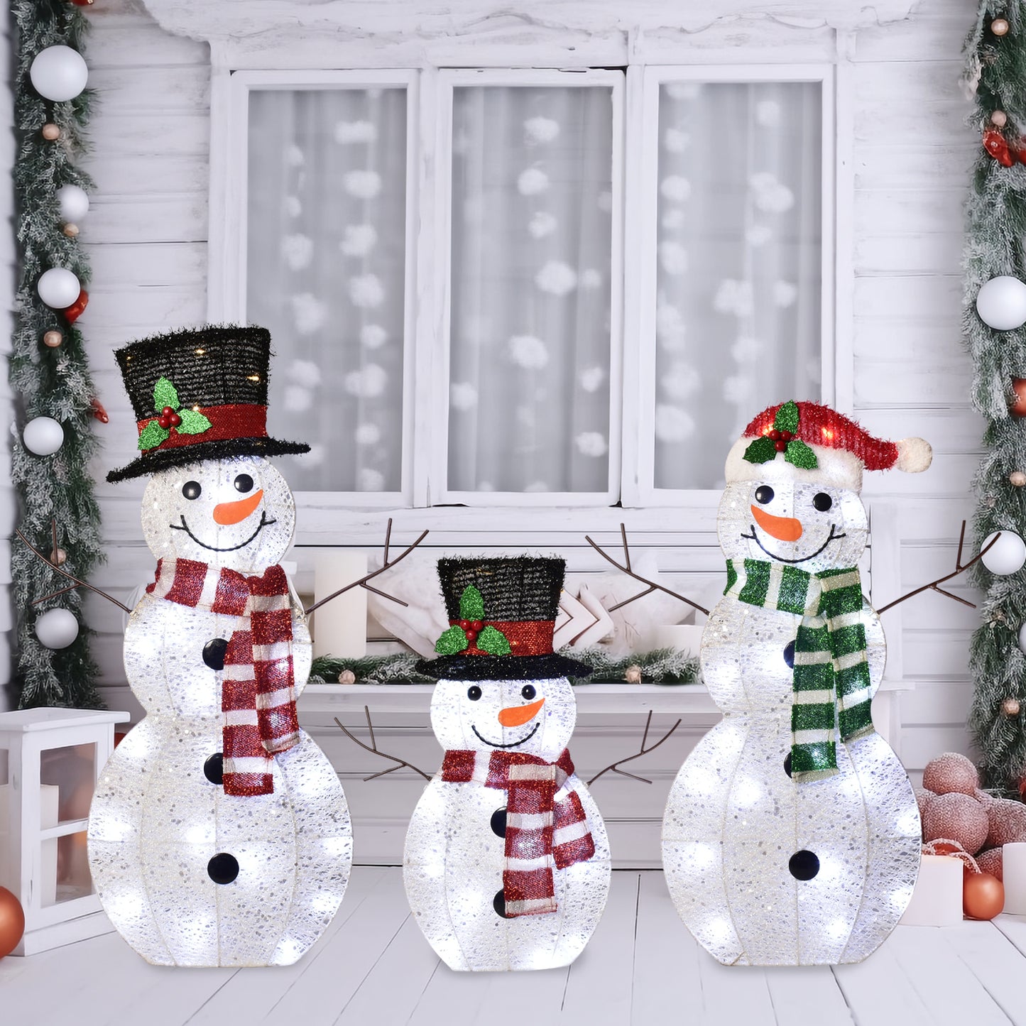 3-Piece 2D Lighted Christmas Snowman Family Set - HOYECHI Outdoor Yard Light Up Snowman Holiday Decoration with 80 LED Lights, Stakes, Zip Ties - White