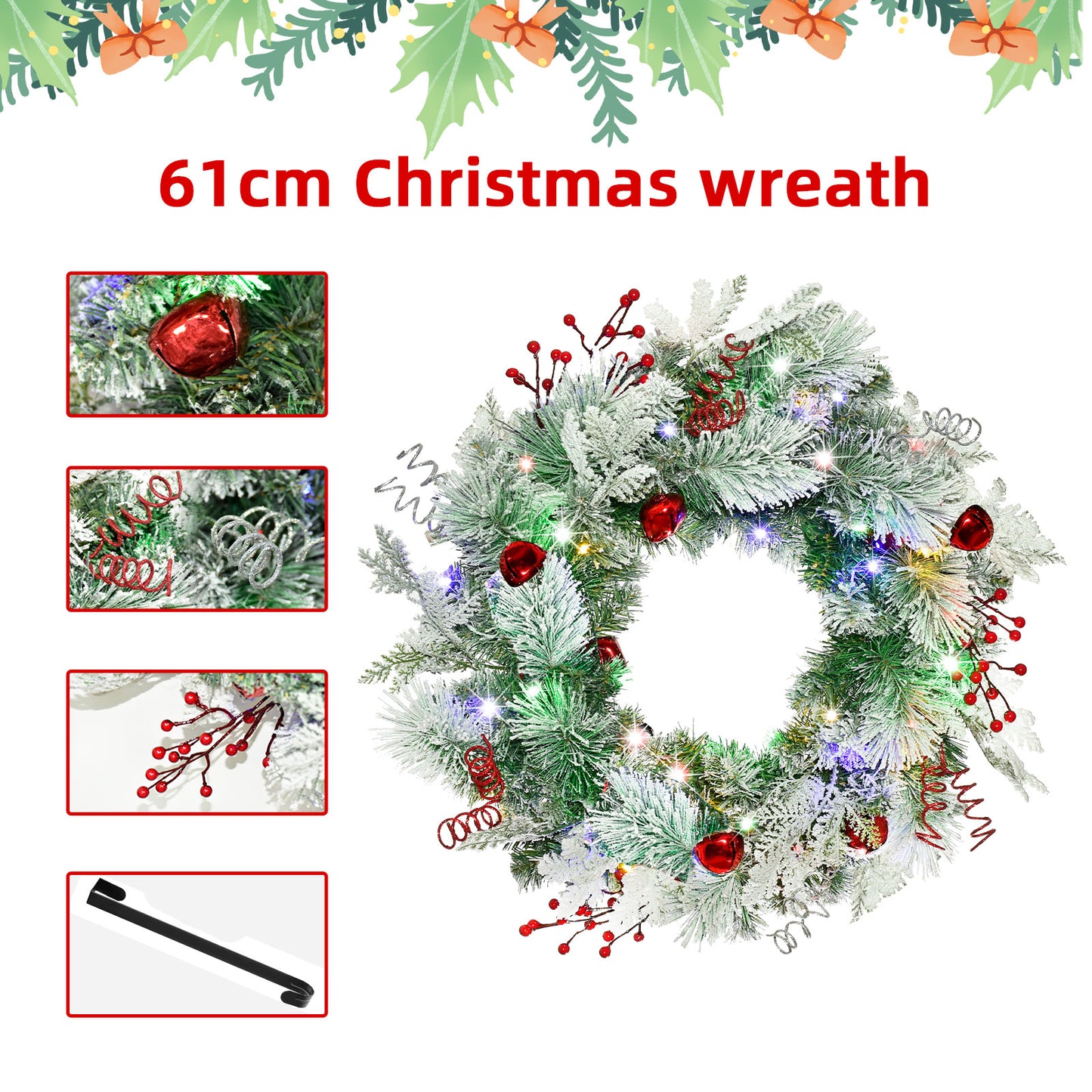 Christmas Wreath for Front Door 24inch - Light Up Artificial Christmas Wreath, Lighted Christmas Wreaths Battery Operated, with Bells and Wreath Hanger, for Front Door Wall Windows Xmas Decoration