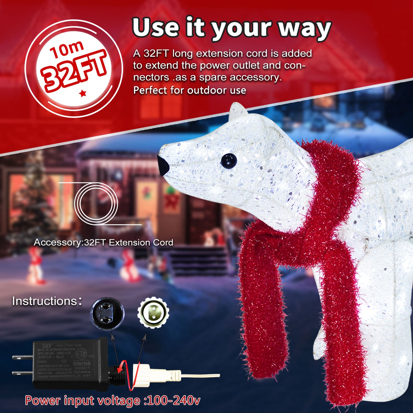 3-Piece Lighted Polar Bear Family - Large All-Weather Outdoor Christmas Decorations for Front Yard, Lawn, or Indoor Use with 140 Pre-Strung Lights, Zip Ties, Ground Stakes, Extension Cord - White