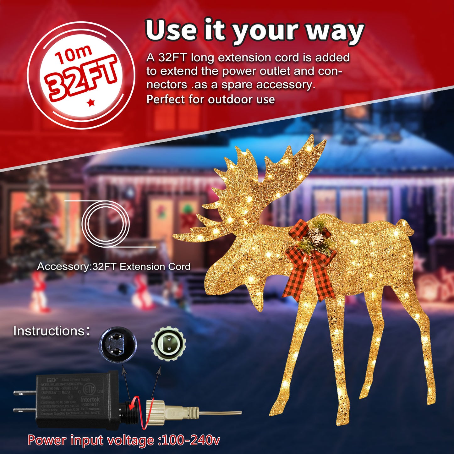 HOYECHI Lighted Christmas Decoration Moose Family - Light up Moose 2 Set with 135 Lights - Outdoor Yard Decoration Kit Including 2-Piece Deer, Stakes, and Extension Cord - Gold