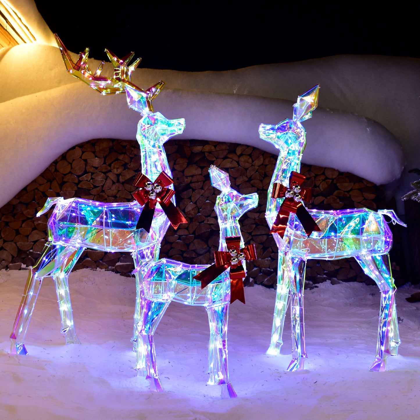 Outdoor Christmas Decorations Deer Family - HOYECHI 3-Piece Lighted Prismatic Reindeer with 465 LED Lights - Outside Yard Decor Kit, Stakes, Zip Ties - Iridescent