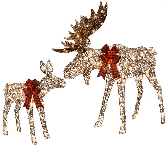 Lighted Christmas Decoration Moose Family - Light up Moose 2 Set with 135 Lights - Outdoor Yard Decoration Kit Including 2-Piece Deer, Stakes, and Extension Cord - Brown - Woven Rattan