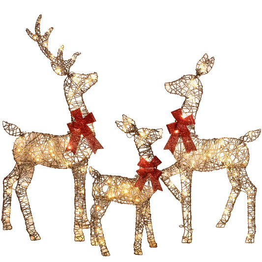 HOYECHI 3-Piece 2D Lighted Christmas Rattan Deer Family Set Large Outdoor Yard Reindeer Holiday Decoration with 145 LED Lights, Stakes, Zip Ties - Brown