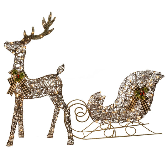 Lighted Christmas Decorations Deer & Sleigh 2 Pcs - HOYECHI Light up Christmas Decor Rattan Deer Set for Indoor Home Outdoor Front Yard Porch with 160 LED Lights, Extension Cord, Ground Stakes - Brown