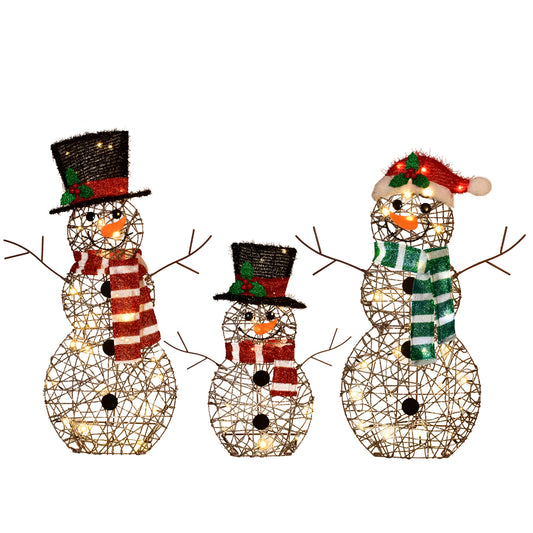 3-Piece 2D Lighted Christmas Rattan Snowman Family Set - HOYECHI Outdoor Yard Light Up Snowman Holiday Decoration with 80 LED Lights, Stakes, Zip Ties - Brown