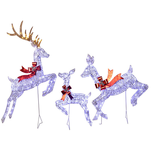 Outdoor Christmas Decorations Reindeer Family - HOYECHI Light Up Deer 3 Set with 210 LED Lights - Outside Yard Decor Kit Including Lighted 3-Piece Deer, Plug, Stakes - Sliver