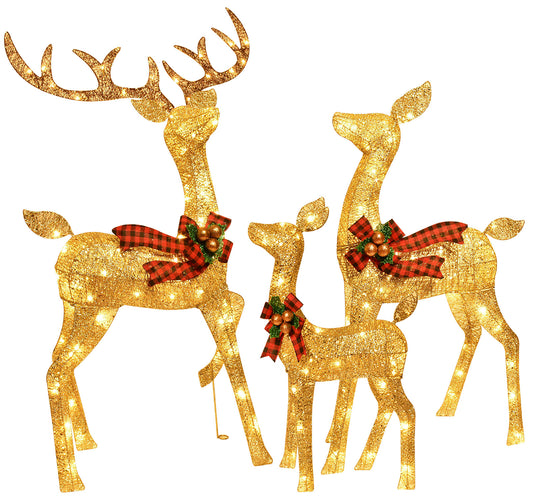 3-Piece Large Deer Family - HOYECHI Lighted Christmas 3D Reindeer Outdoor Yard Decoration Set w/ 210 LED Lights, Stakes, Zip Ties - Gold