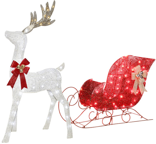 Lighted Christmas Decorations Reindeer & Sleigh 2 Pcs, HOYECHI Light up Christmas Decor Deer Set for Indoor Home Outdoor Front Yard Porch with LED Lights, Plug, Ground Stakes - White