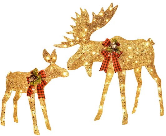 HOYECHI Lighted Christmas Decoration Moose Family - Light up Moose 2 Set with 135 Lights - Outdoor Yard Decoration Kit Including 2-Piece Deer, Stakes, and Extension Cord - Gold