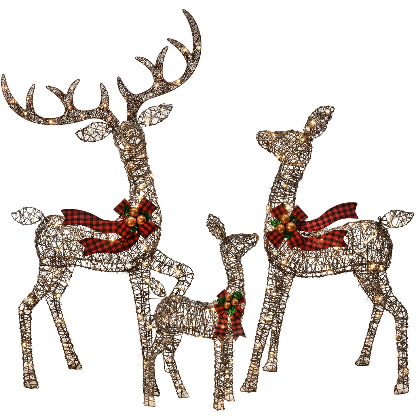 Outdoor Christmas Decorations Rattan Reindeer Family - Light Up Rattan Deer 3 Set with 210 LED Lights - Outside Yard Decor Kit Including Lighted 3-Piece Deer, Stakes - Brown