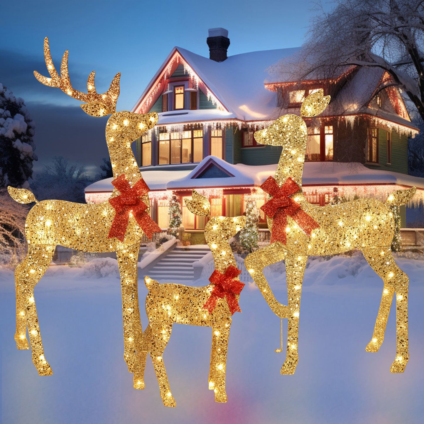 3-Piece 2D Lighted Christmas Deer Family Set - HOYECHI Large Outdoor Yard Reindeer Holiday Decoration with 145 LED Lights, Stakes, Zip Ties - Gold