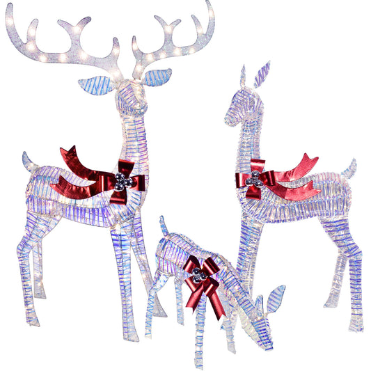 Christmas Decorations Outdoors Reindeer Family - Light up Christmas Decor Iridescent Deer 3 Piece with LED Lights, Extension Cord, Ground Stakes, for Outdoor Front Yard Porch - Iridescent