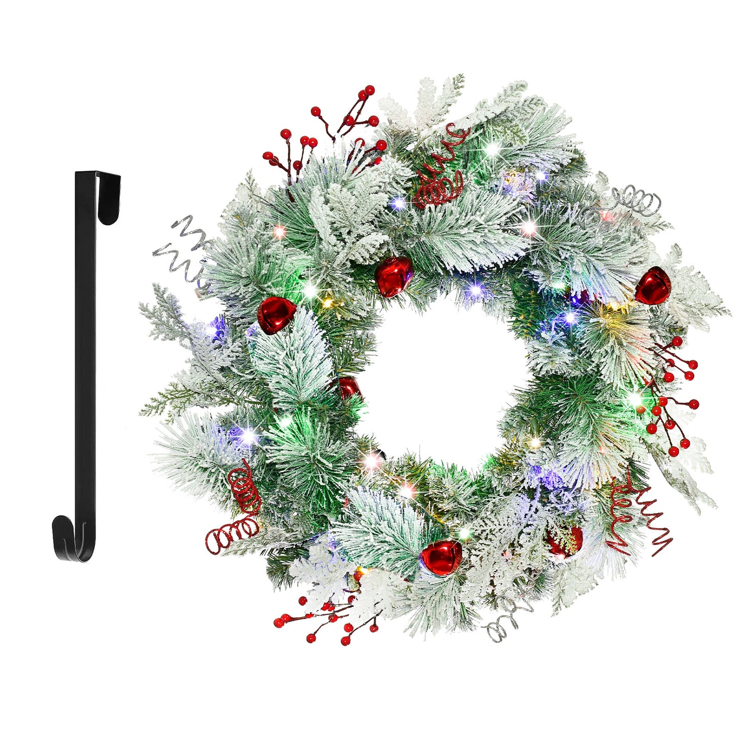 Christmas Wreath for Front Door 24inch - Light Up Artificial Christmas Wreath, Lighted Christmas Wreaths Battery Operated, with Bells and Wreath Hanger, for Front Door Wall Windows Xmas Decoration