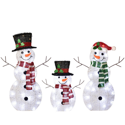 3-Piece 2D Lighted Christmas Snowman Family Set - HOYECHI Outdoor Yard Light Up Snowman Holiday Decoration with 80 LED Lights, Stakes, Zip Ties - White