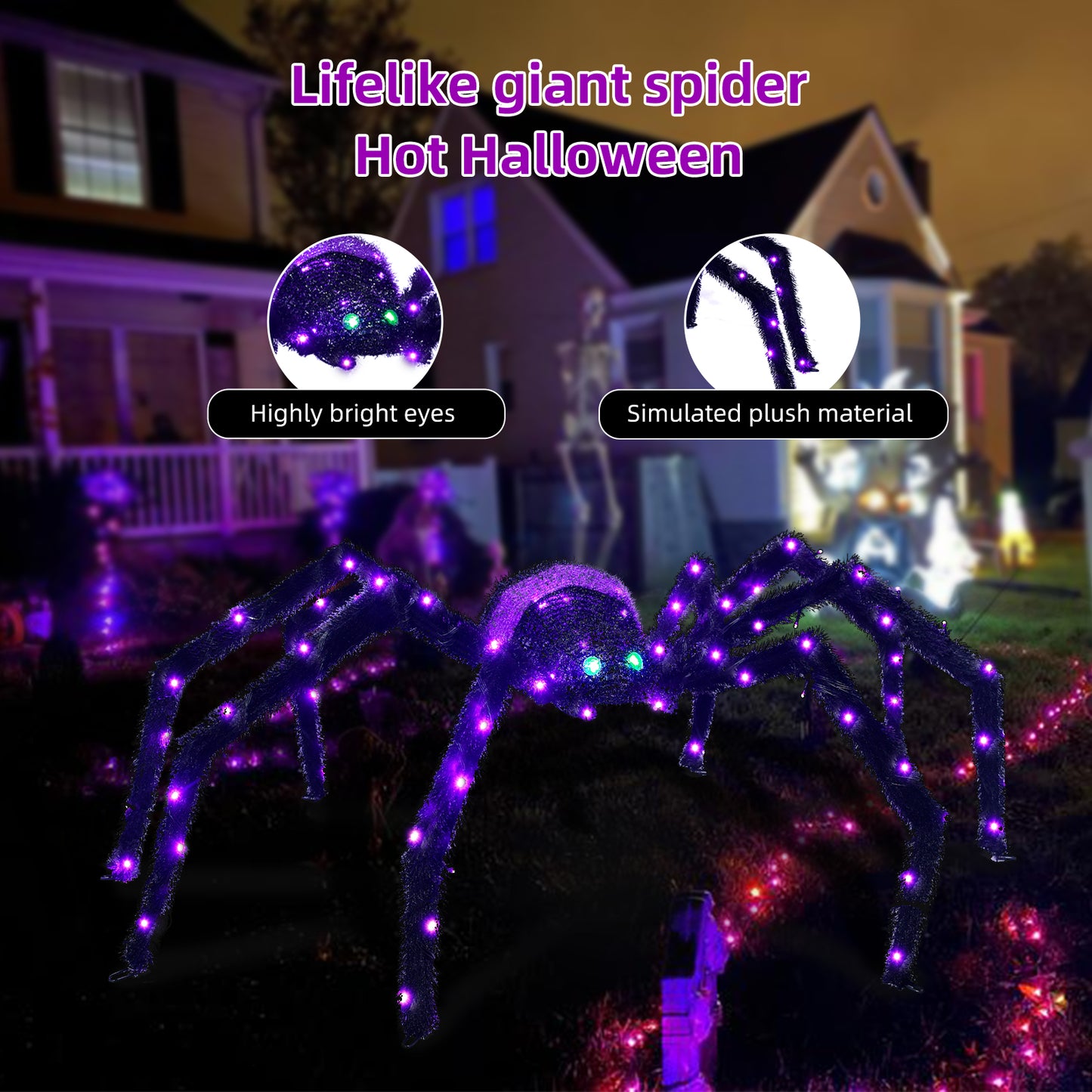 Halloween Decorations Outside Giant Spider - HOYECHI Outdoor Halloween Decor Lighted Spider 4.2FT, Light Up Spider with 90 LED Lights, Ground Stakes, for Front Yard Porch Gardens Lawns Party