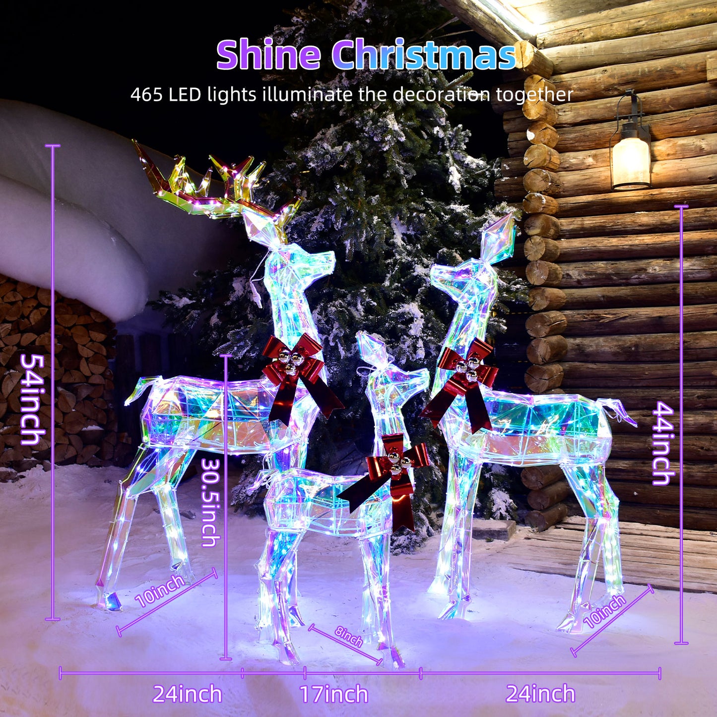 Outdoor Christmas Decorations Deer Family - HOYECHI 3-Piece Lighted Prismatic Reindeer with 465 LED Lights - Outside Yard Decor Kit, Stakes, Zip Ties - Iridescent