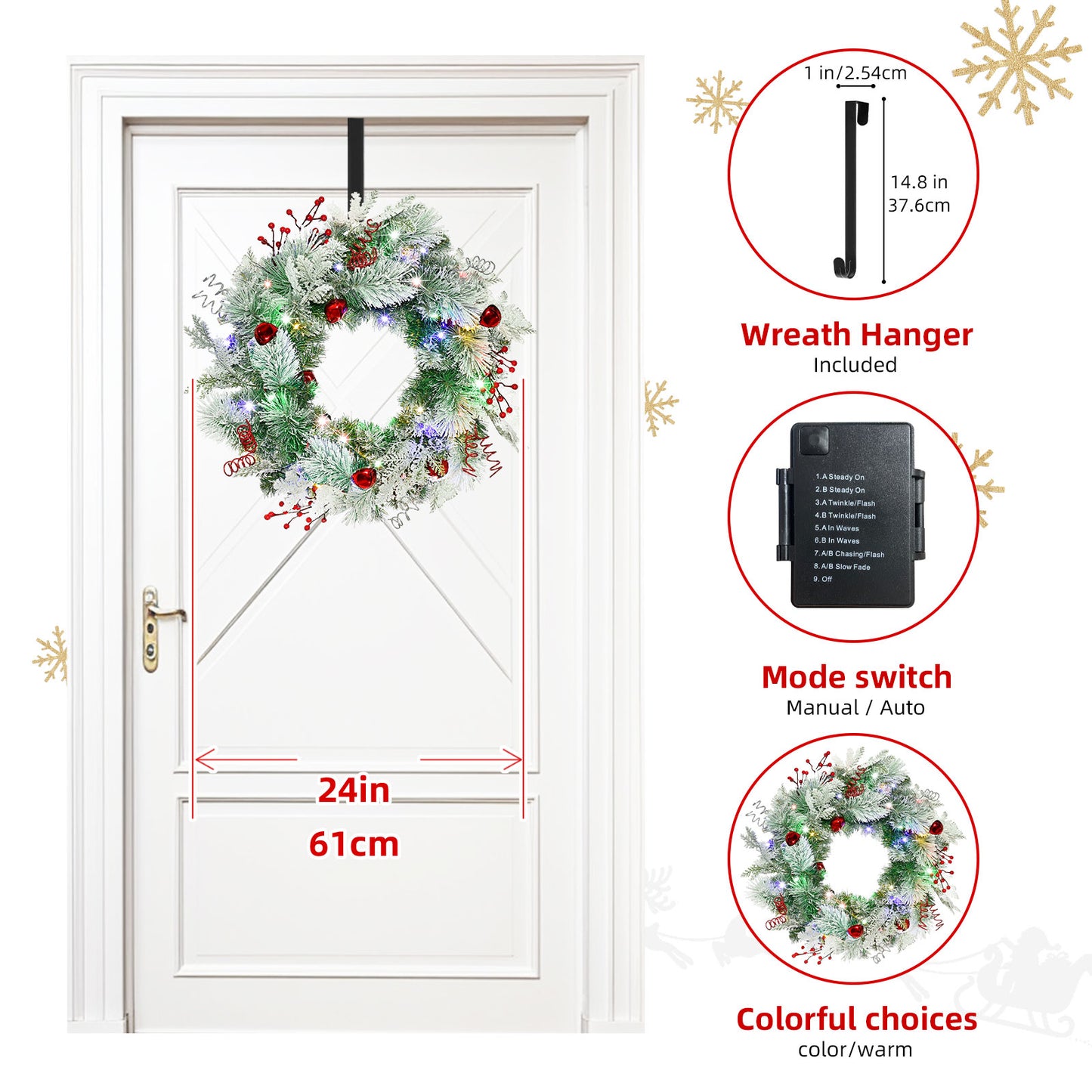 Christmas Wreath for Front Door 24inch - Light Up Artificial Christmas Wreath, Lighted Christmas Wreaths Battery Operated, with Bells and Wreath Hanger, for Front Door Wall Windows Xmas Decoration