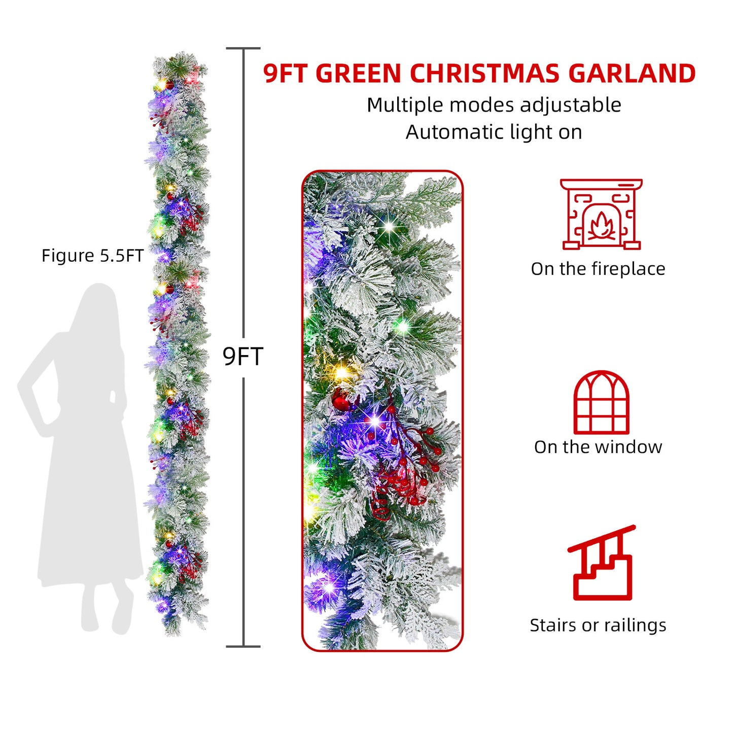 Christmas Garland with Lights 9FT - HOYECHI Flocked Christmas Garland with 50 LED Battery Powered, 9 Lighting Modes, Red Berry & Bell Decor - Perfect for Stairs, Front Door, and Christmas Decorations