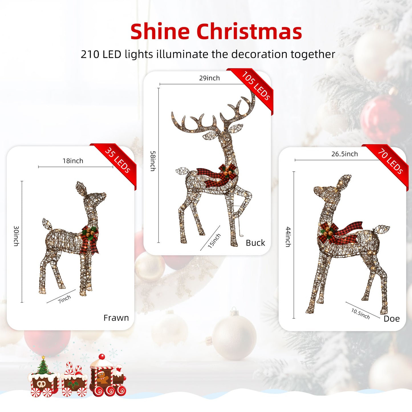 Outdoor Christmas Decorations Rattan Reindeer Family - Light Up Rattan Deer 3 Set with 210 LED Lights - Outside Yard Decor Kit Including Lighted 3-Piece Deer, Stakes - Brown