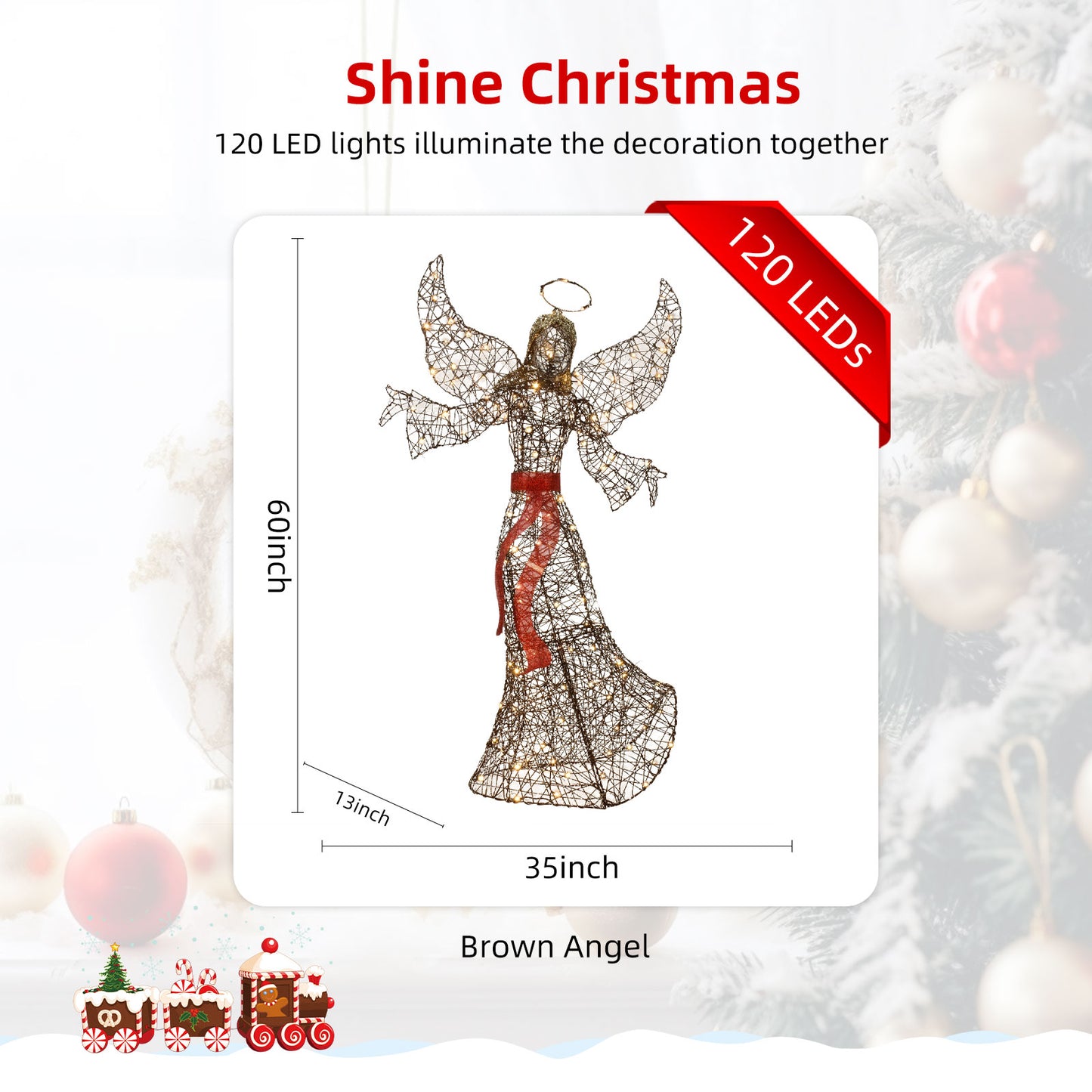 5FT Outdoor Angel Christmas Decoration - HOYECHI Outside Christmas Decor Rattan Angels with 120 LED Lights, Elegant Winged Holiday Figure for Lawn with Bow, Halo, Extension Cord and Ground Stakes