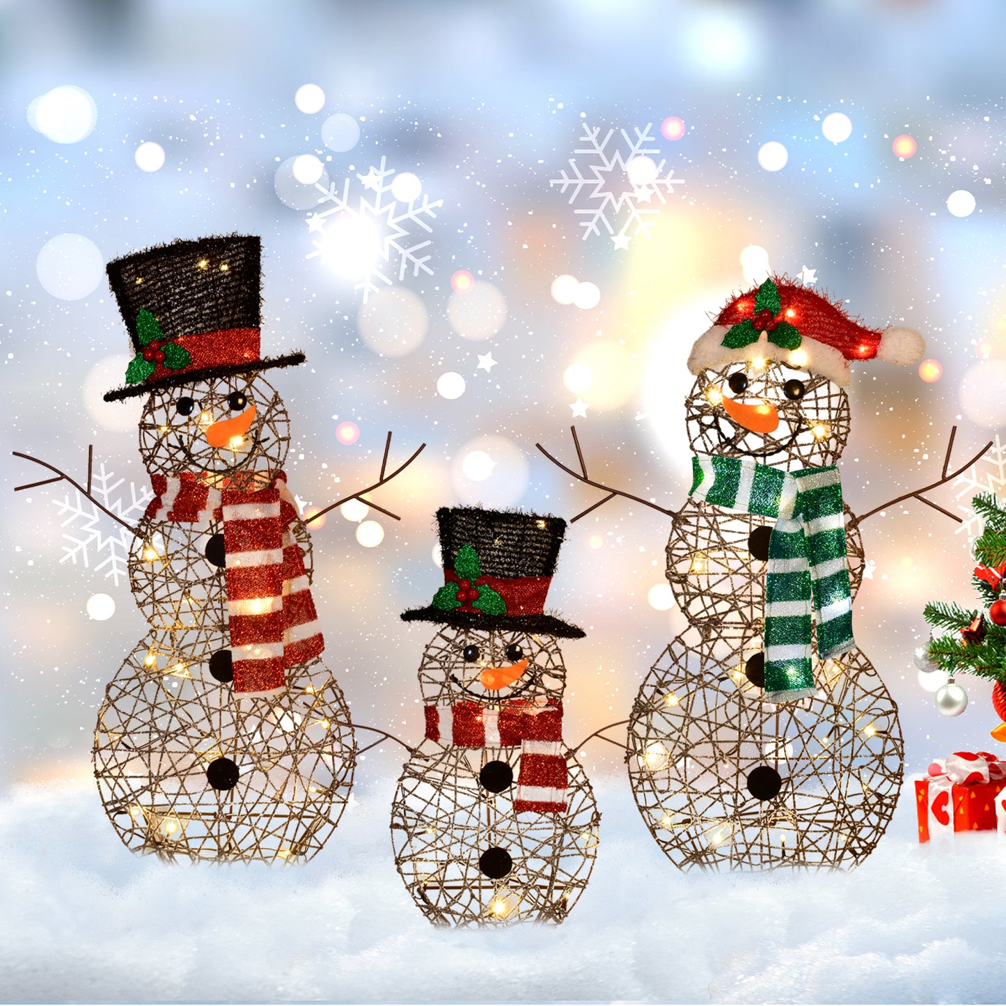 3-Piece 2D Lighted Christmas Rattan Snowman Family Set - HOYECHI Outdoor Yard Light Up Snowman Holiday Decoration with 80 LED Lights, Stakes, Zip Ties - Brown