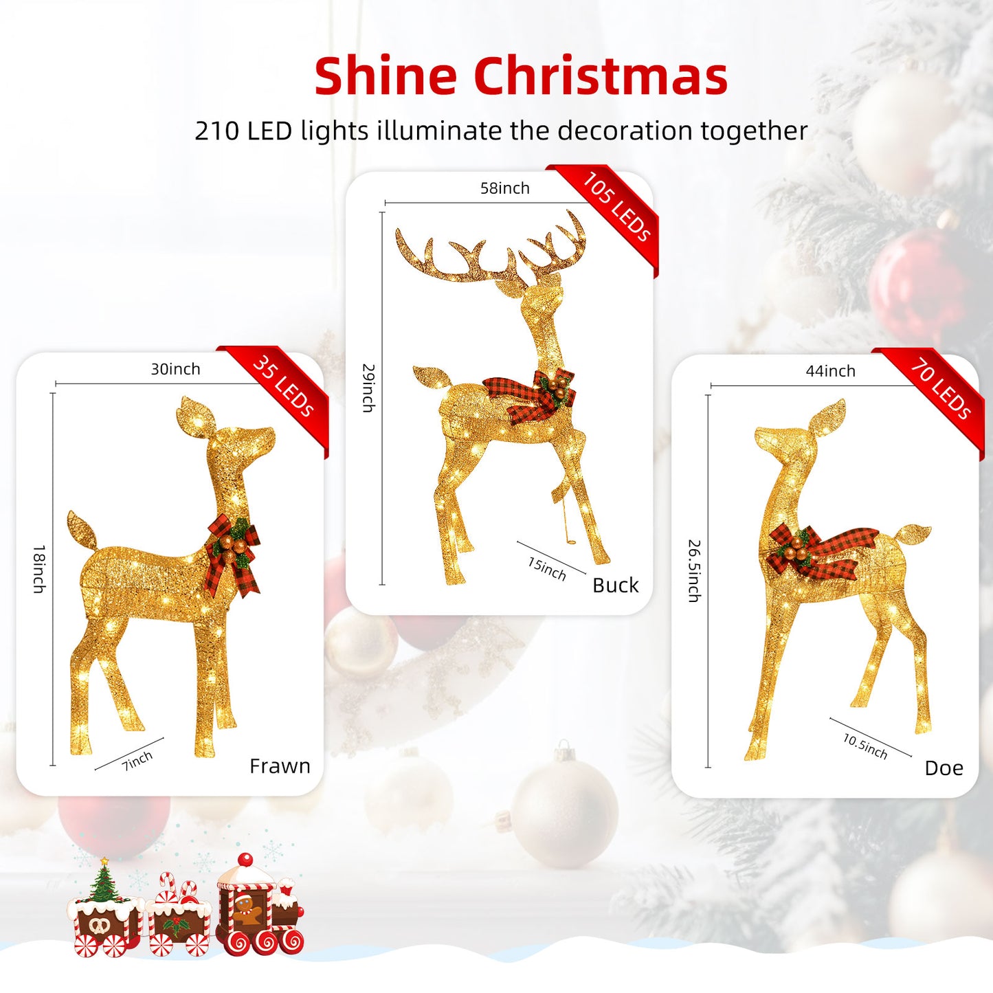 3-Piece Large Deer Family - HOYECHI Lighted Christmas 3D Reindeer Outdoor Yard Decoration Set w/ 210 LED Lights, Stakes, Zip Ties - Gold