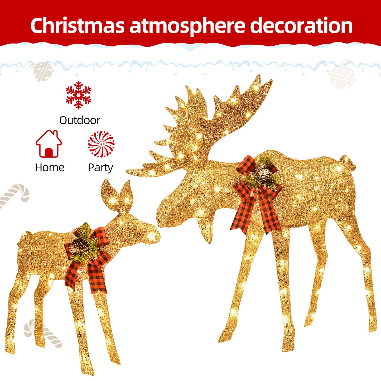 HOYECHI Lighted Christmas Decoration Moose Family - Light up Moose 2 Set with 135 Lights - Outdoor Yard Decoration Kit Including 2-Piece Deer, Stakes, and Extension Cord - Gold