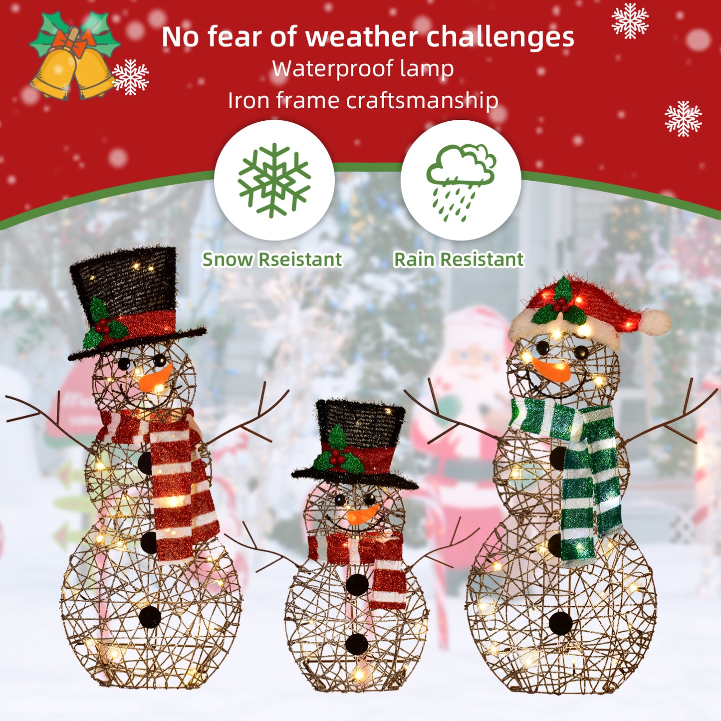 3-Piece 2D Lighted Christmas Rattan Snowman Family Set - HOYECHI Outdoor Yard Light Up Snowman Holiday Decoration with 80 LED Lights, Stakes, Zip Ties - Brown