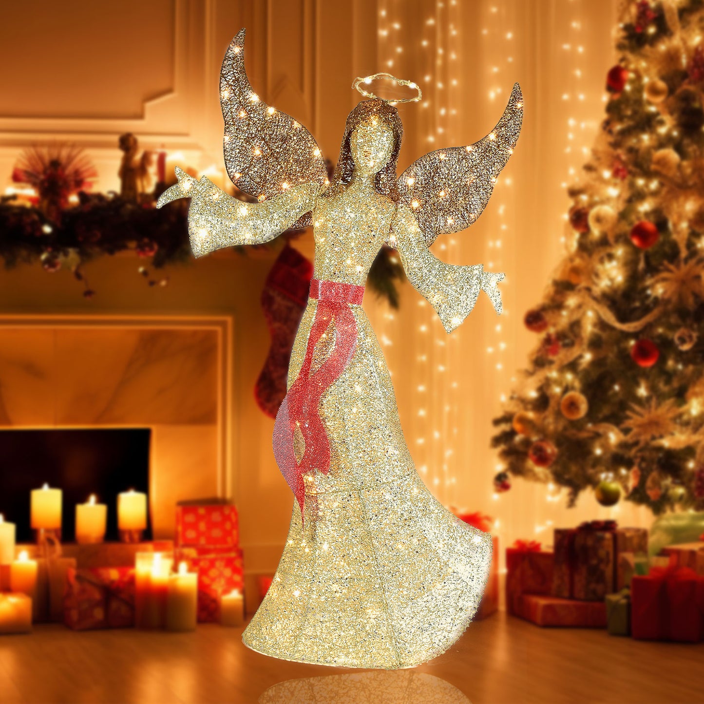 5FT Outdoor Angel Christmas Decoration - Light Up Outdoor Christmas Decorations Angels with 120 LED Lights - Elegant Winged Holiday Figure for Lawn with Bow, Halo, Extension Cord and Ground Stakes