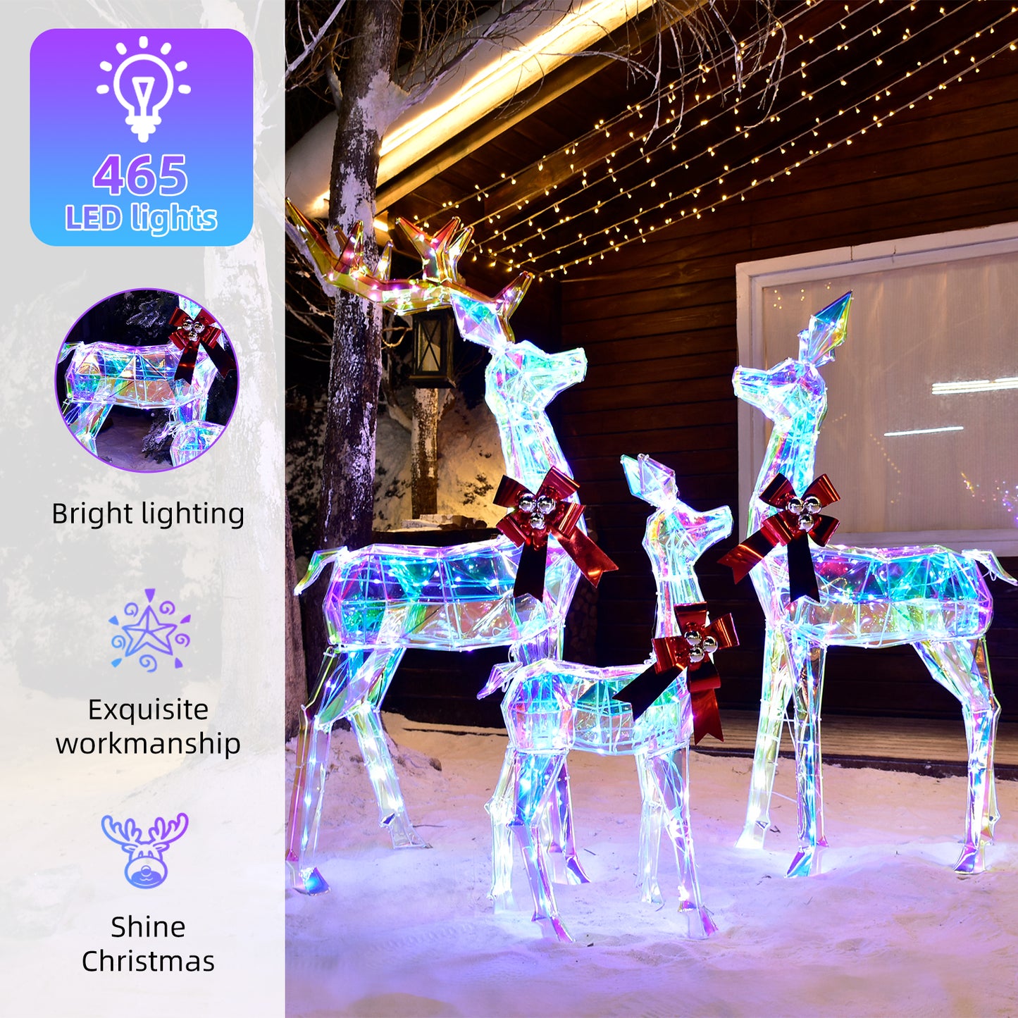 Outdoor Christmas Decorations Deer Family - HOYECHI 3-Piece Lighted Prismatic Reindeer with 465 LED Lights - Outside Yard Decor Kit, Stakes, Zip Ties - Iridescent