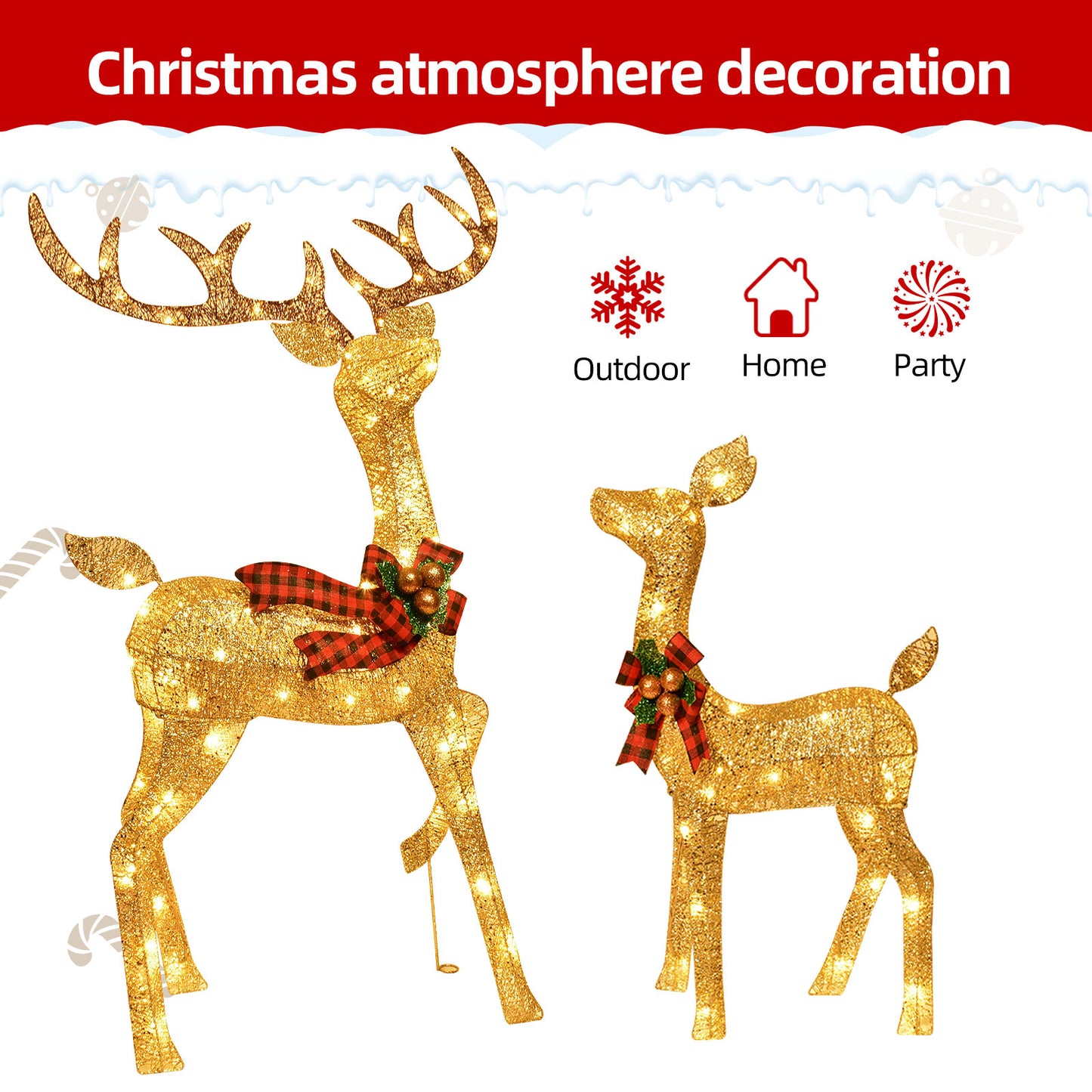 3-Piece Large Deer Family - HOYECHI Lighted Christmas 3D Reindeer Outdoor Yard Decoration Set w/ 210 LED Lights, Stakes, Zip Ties - Gold