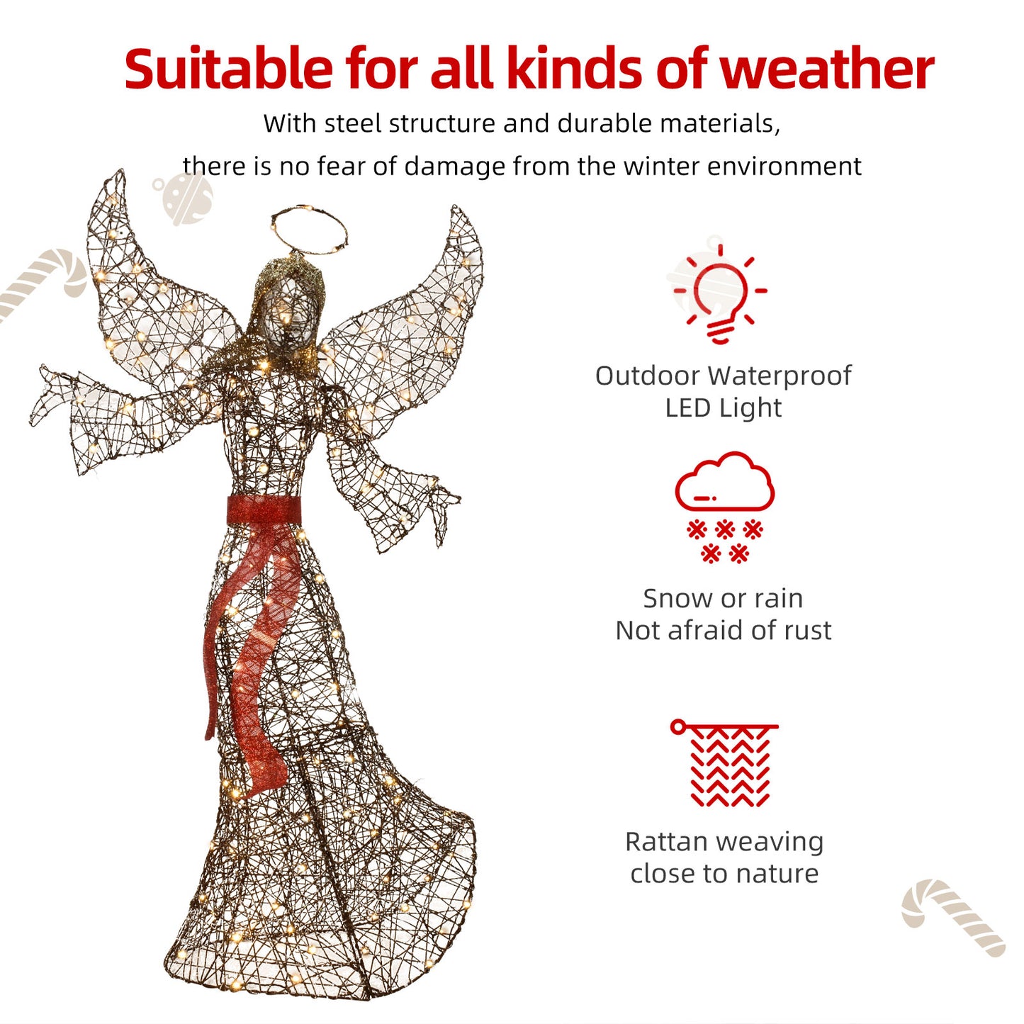 5FT Outdoor Angel Christmas Decoration - HOYECHI Outside Christmas Decor Rattan Angels with 120 LED Lights, Elegant Winged Holiday Figure for Lawn with Bow, Halo, Extension Cord and Ground Stakes