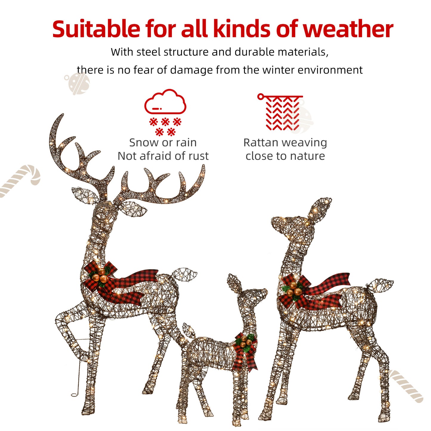 Outdoor Christmas Decorations Rattan Reindeer Family - Light Up Rattan Deer 3 Set with 210 LED Lights - Outside Yard Decor Kit Including Lighted 3-Piece Deer, Stakes - Brown